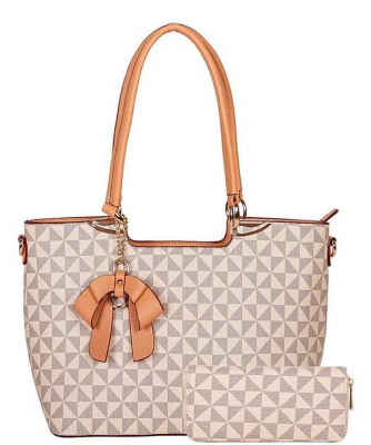 2 In1 Fashion Ribbon Checkered Tote Bag with Matching Wallet 007-8567W  TAUPE